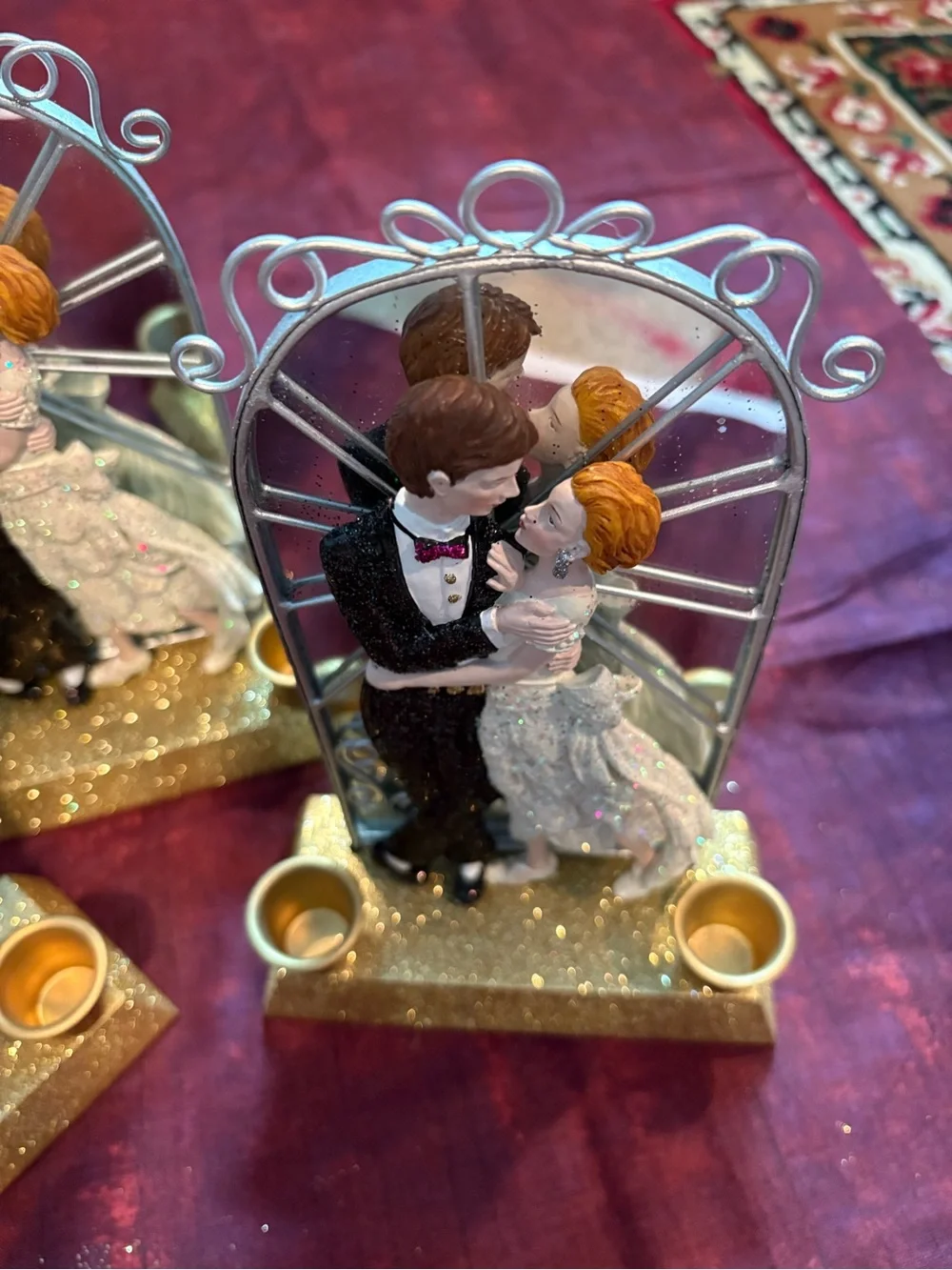 Set of 3 Wedding Bride & Groom Candleholders with Mirrored Backdrop & Gold Base